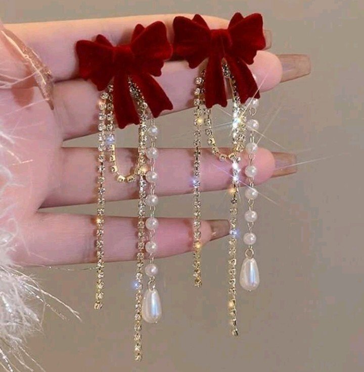 Burgundy Bow Pearl Drop Earrings - HAFSAY Korean earrings