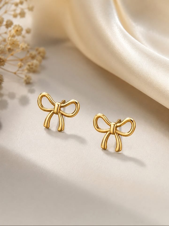 Gold Bow Stud Earrings - HAFSAY Korean earrings
