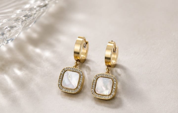 Gold Pearl Square Drop Earrings - HAFSAY Korean earrings