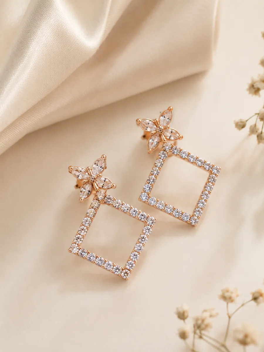 Gold Petal Square Drop Earrings - HAFSAY Korean earrings