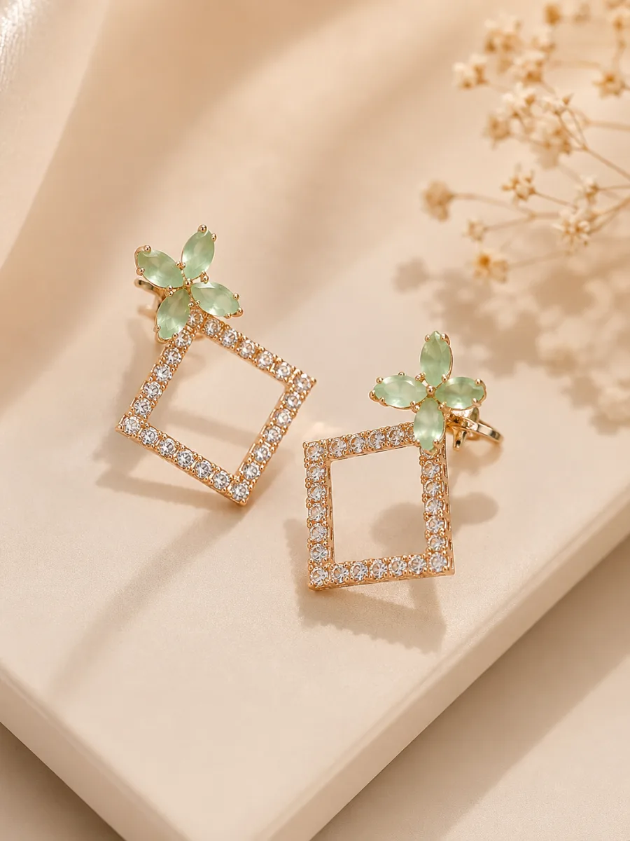 Mint Flower Square Drop Earrings - HAFSAY Korean earrings