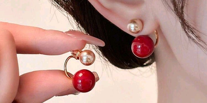 Red Pearl Double Ball Earrings - HAFSAY Korean earrings