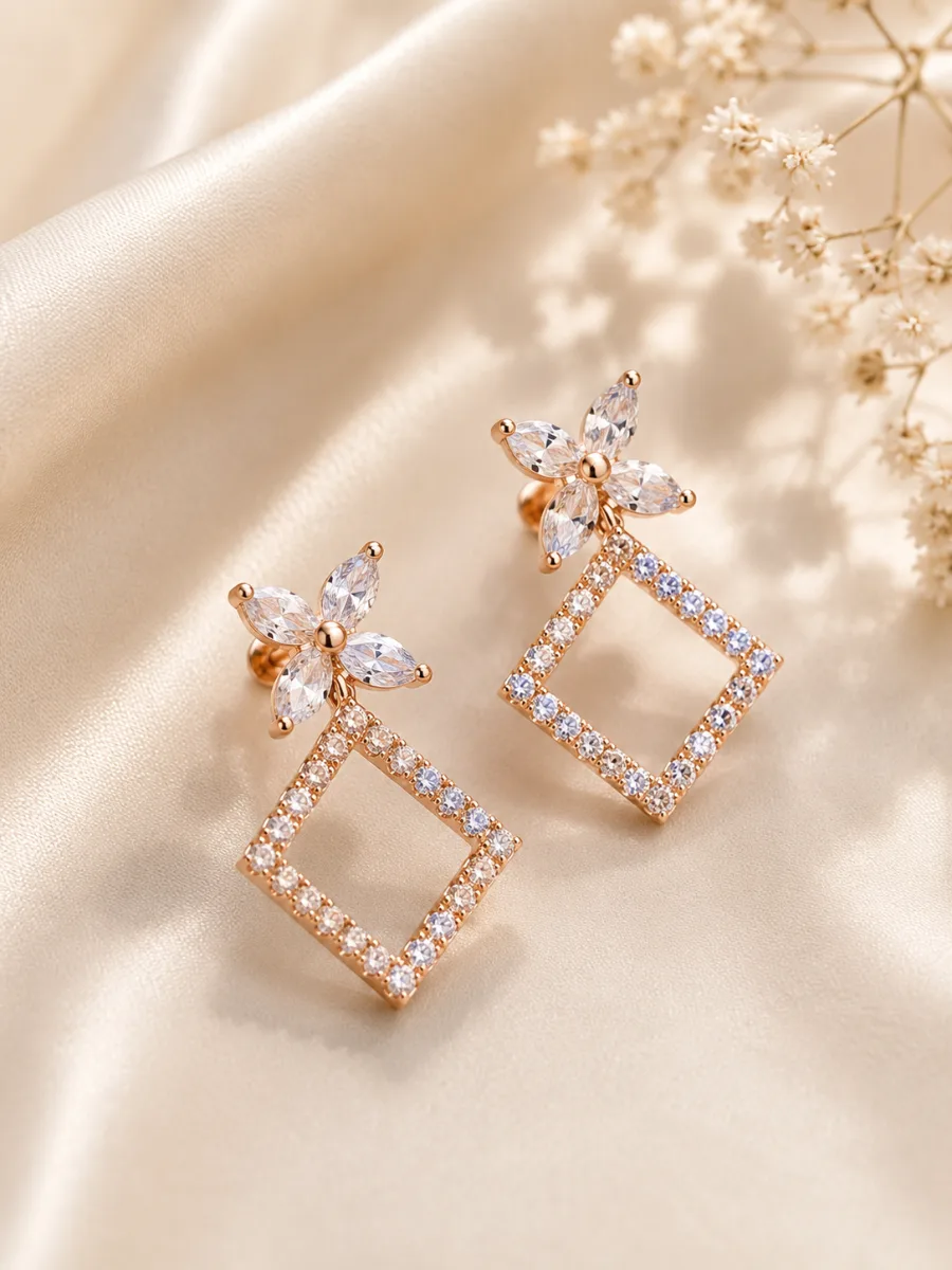 Rose Gold Crystal Square Earrings - HAFSAY Korean earrings
