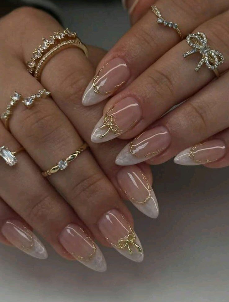 Gold Bow Charm Nails - HAFSAY Korean nails
