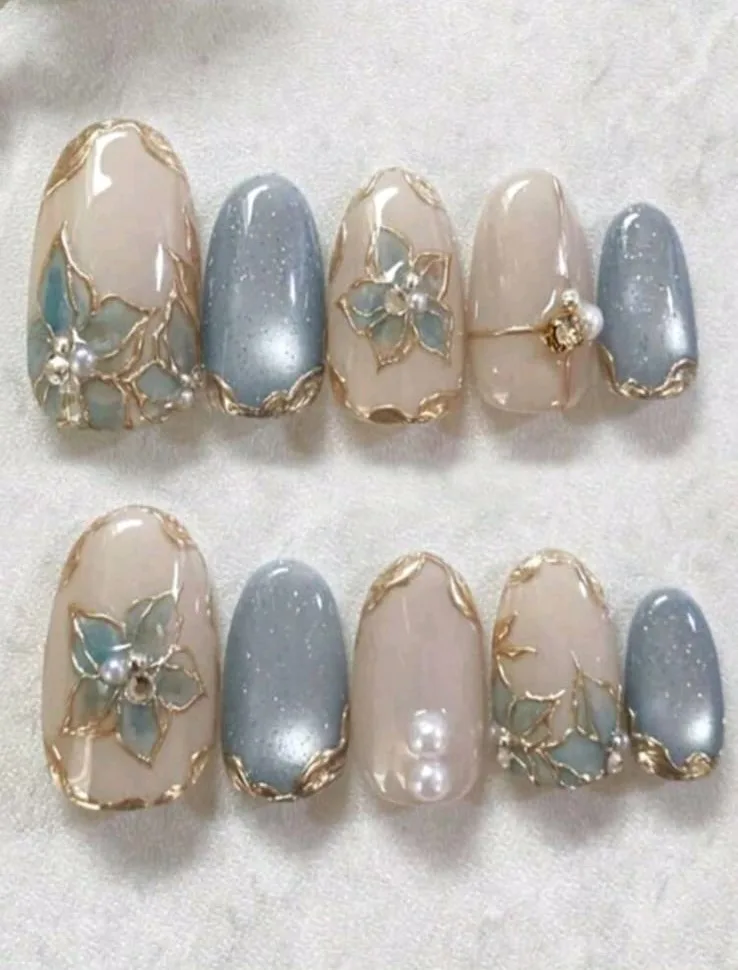 Mint Pearl Floral Nails - HAFSAY Korean nails