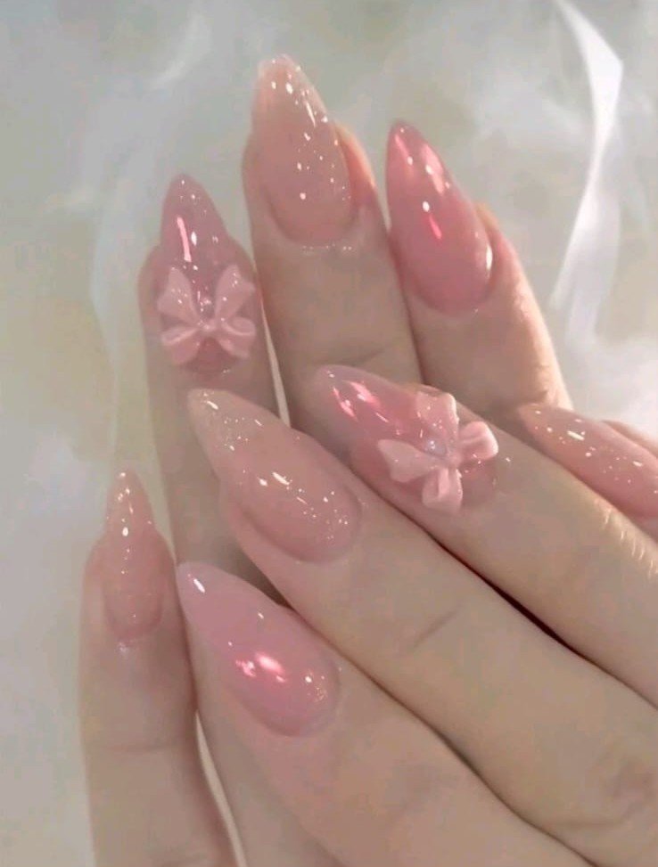 Pink Bow Nails - Korean nails by HAFSAY