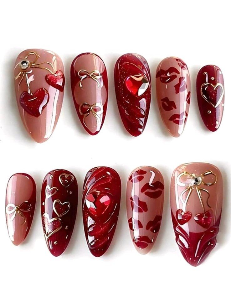 Red Heart Bow Nails - HAFSAY Korean nails