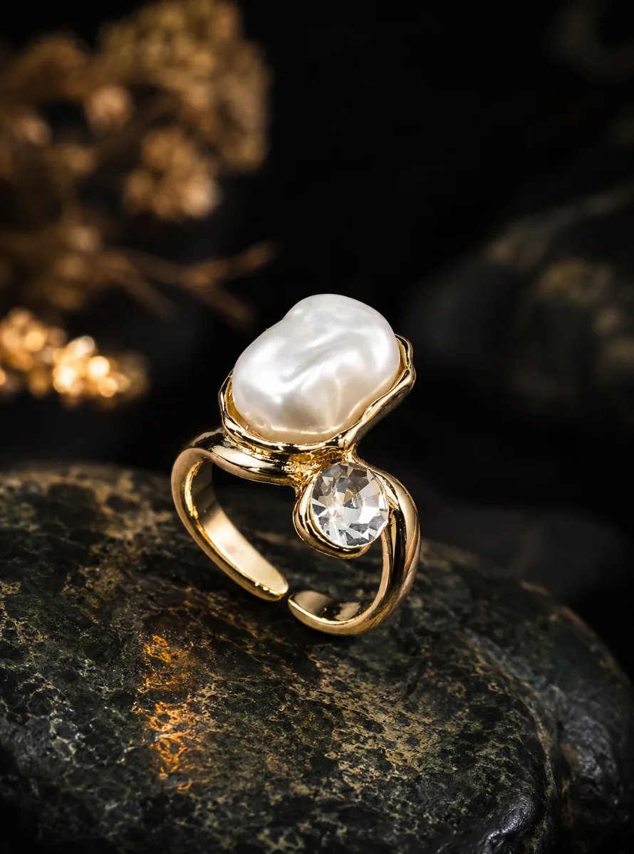 Gold Pearl CZ Organic Ring - HAFSAY Korean rings