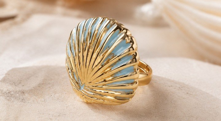 Gold Shell Blue Enamel Ring - HAFSAY Korean rings