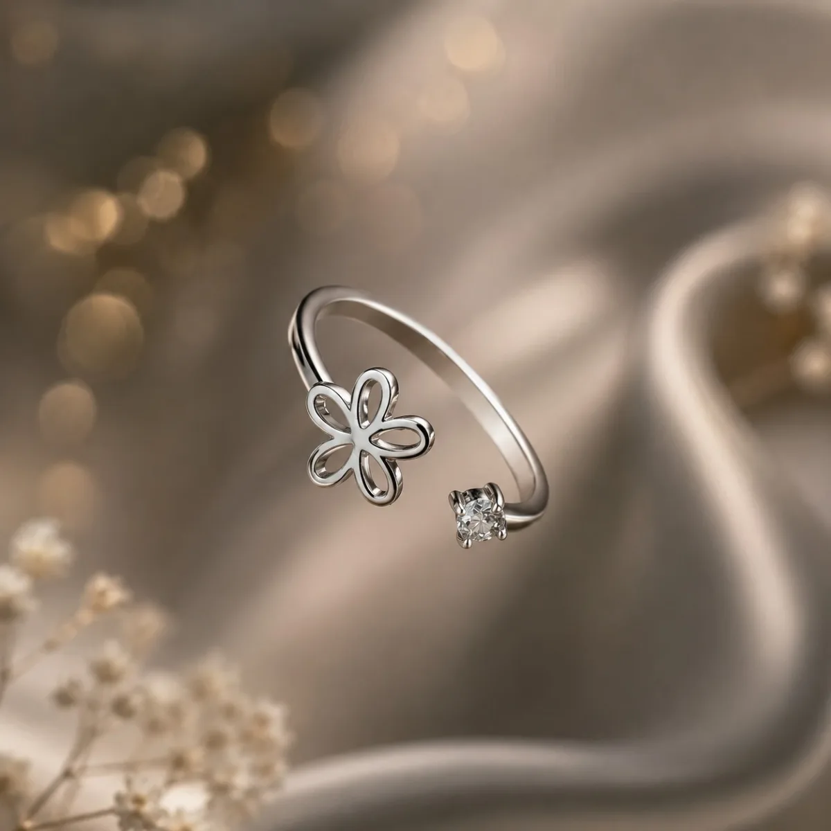 Silver Open Flower CZ Ring - HAFSAY Korean rings