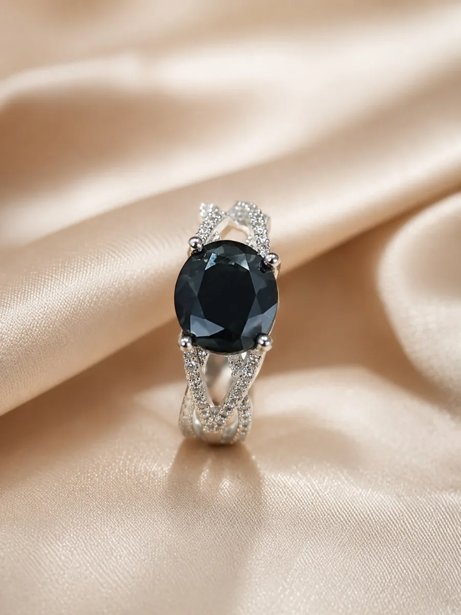 Silver Oval Black Gem Ring - Korean rings by HAFSAY