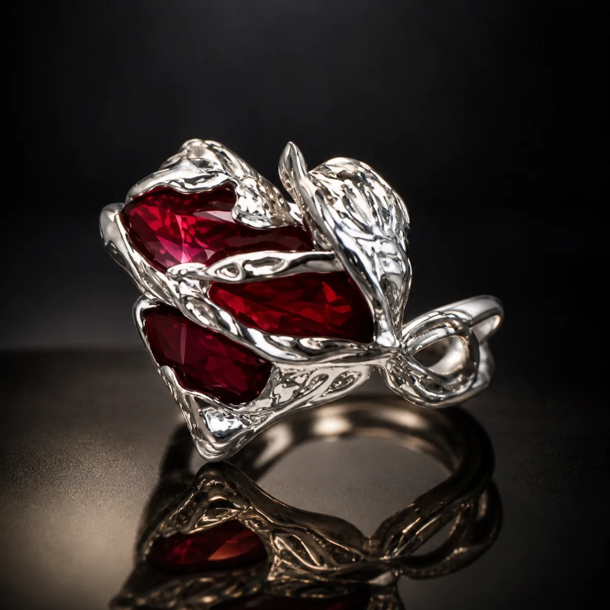 Silver Red Rose Crystal Ring - HAFSAY Korean rings